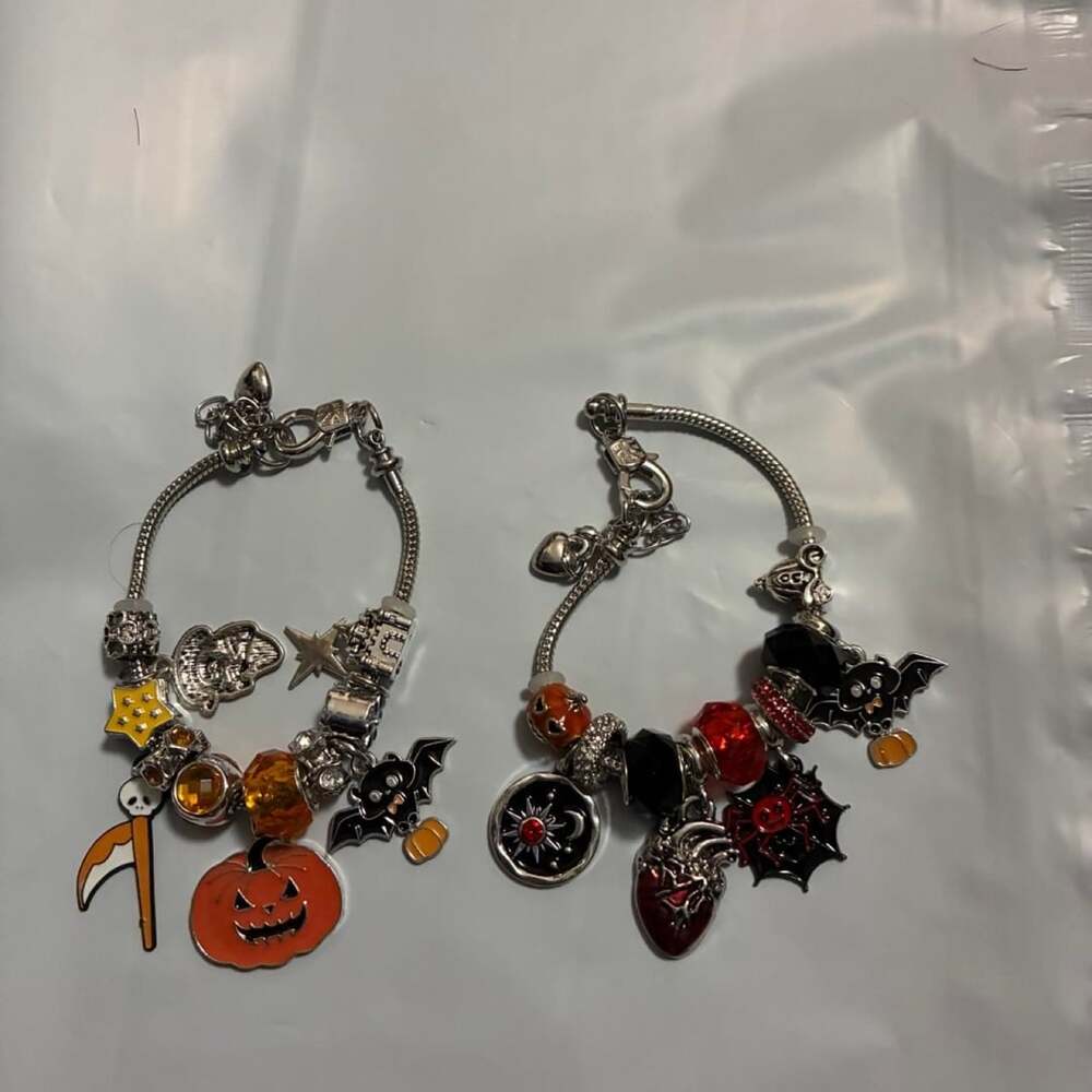 Set of 2 Halloween Charm Bracelets Silver Black Fashion Jewelry